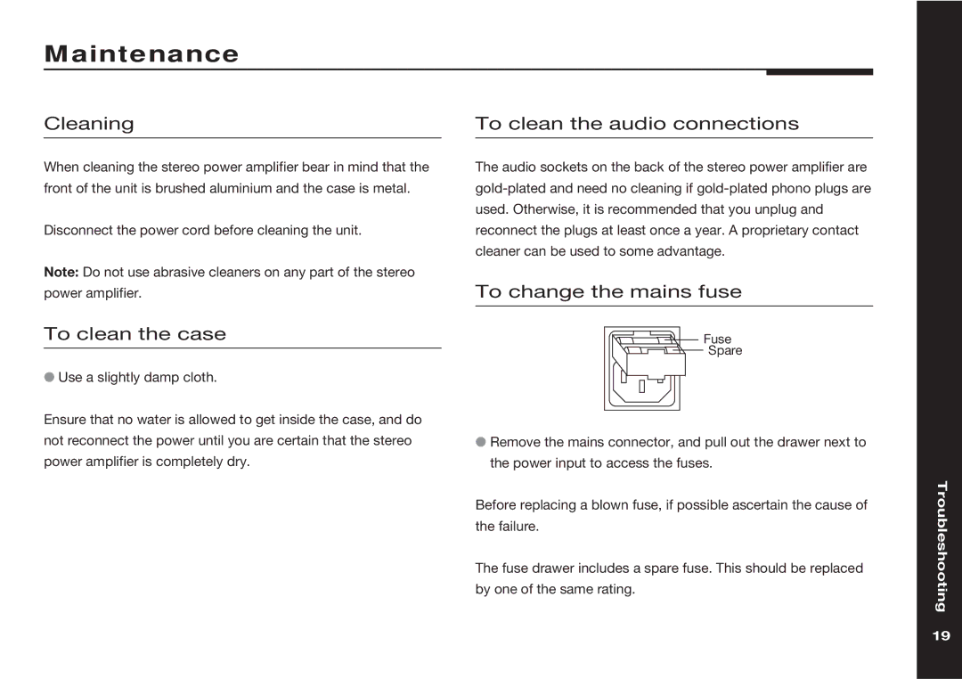 Meridian Audio 559 Maintenance, Cleaning, To clean the case, To clean the audio connections, To change the mains fuse 