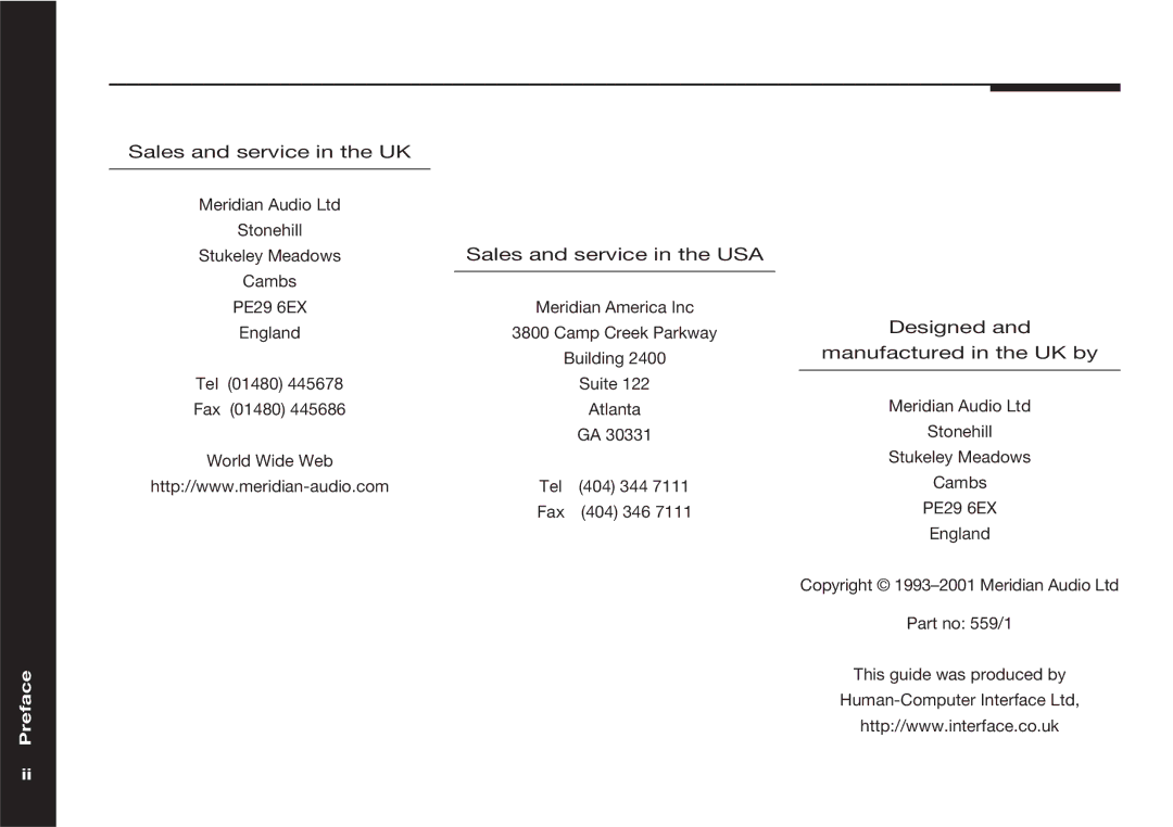 Meridian Audio 559 manual Sales and service in the UK 