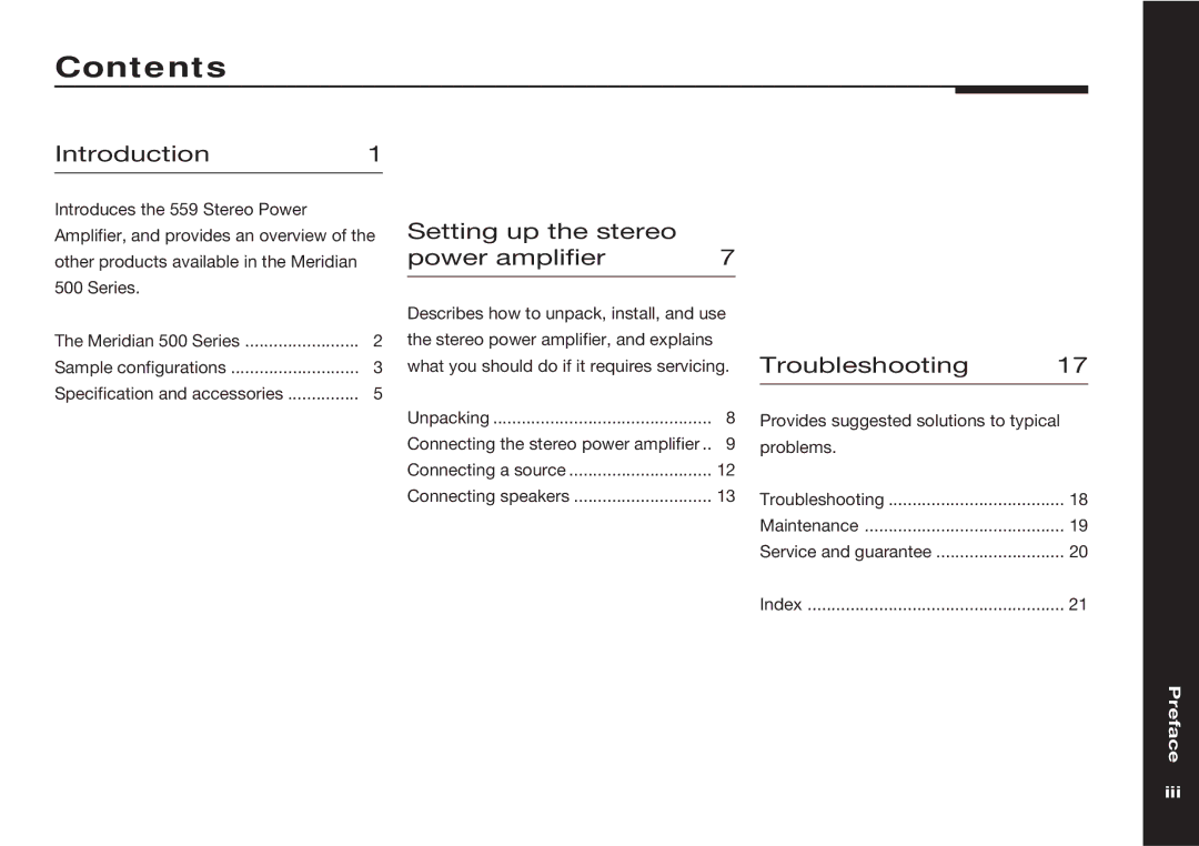 Meridian Audio 559 manual Contents 