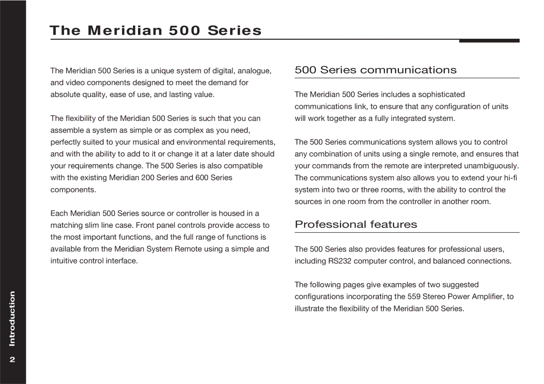 Meridian Audio 559 manual Meridian 500 Series, Series communications, Professional features 