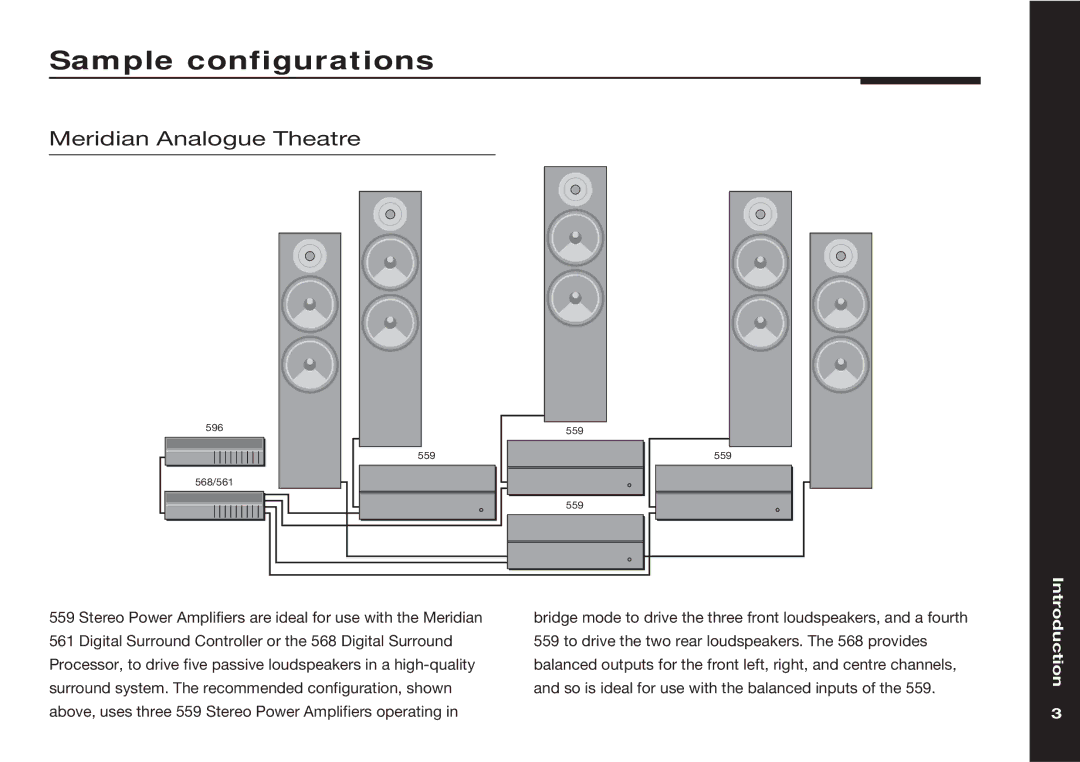 Meridian Audio 559 manual Sample configurations, Meridian Analogue Theatre 