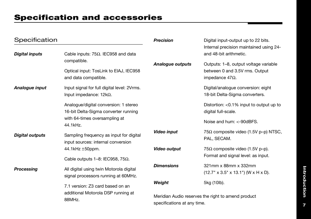 Meridian Audio 565 manual Specification and accessories 