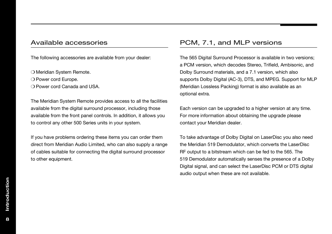 Meridian Audio 565 manual Available accessories, PCM, 7.1, and MLP versions 