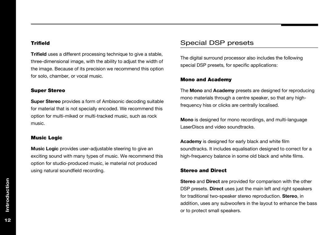 Meridian Audio 565 manual Special DSP presets, Trifield 