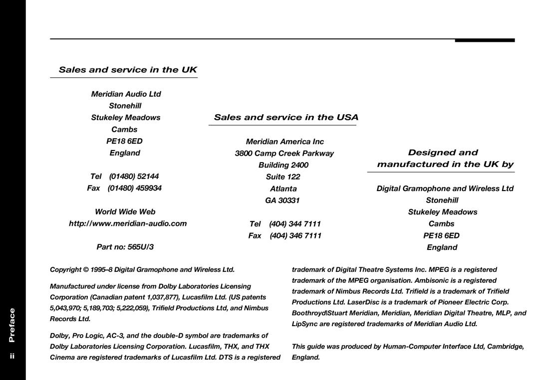 Meridian Audio 565 manual Preface 