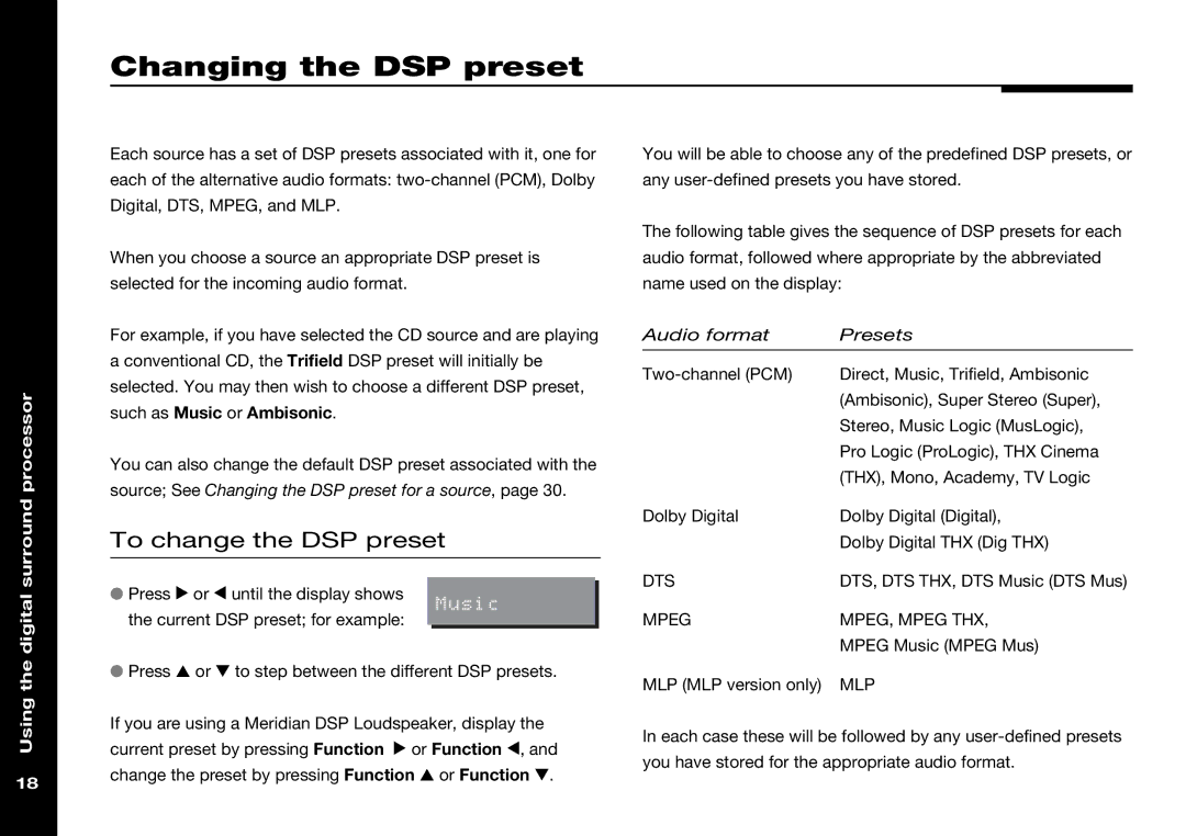 Meridian Audio 565 manual Changing the DSP preset, To change the DSP preset 