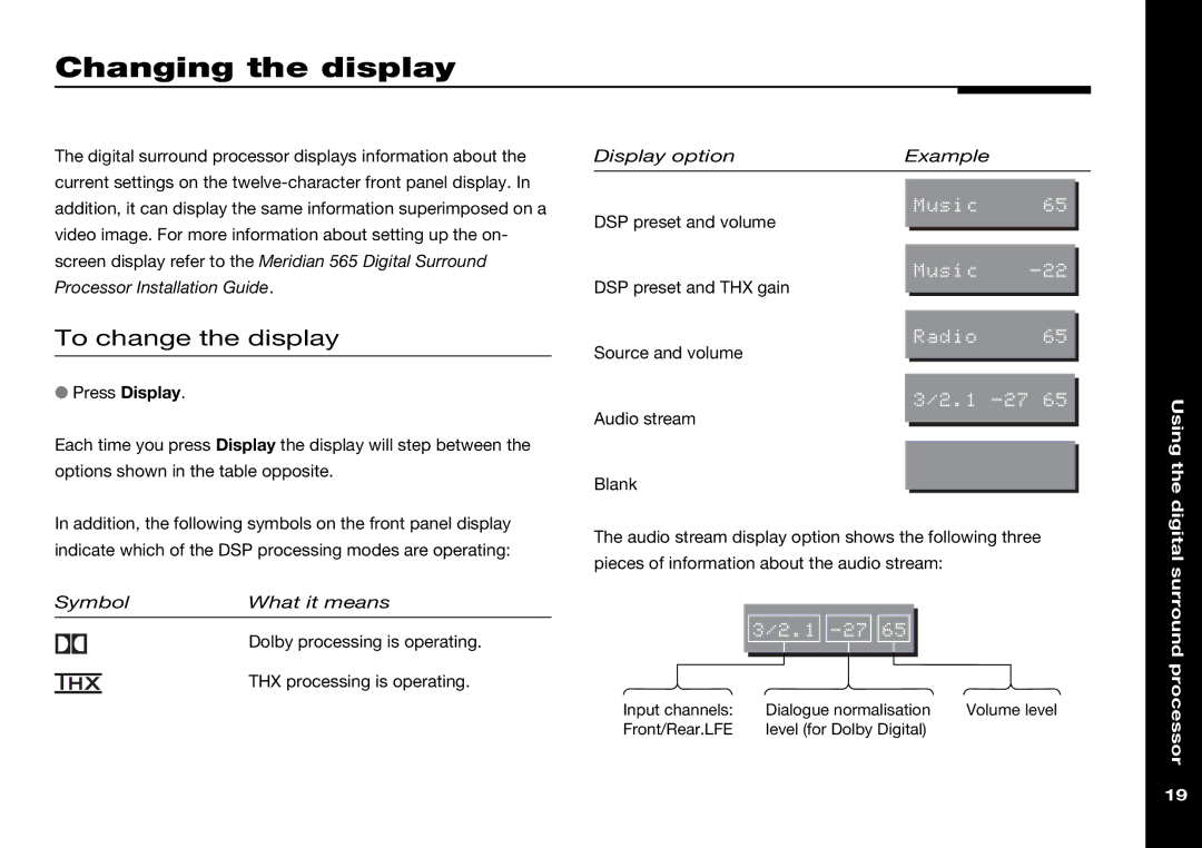 Meridian Audio 565 manual Changing the display, To change the display 