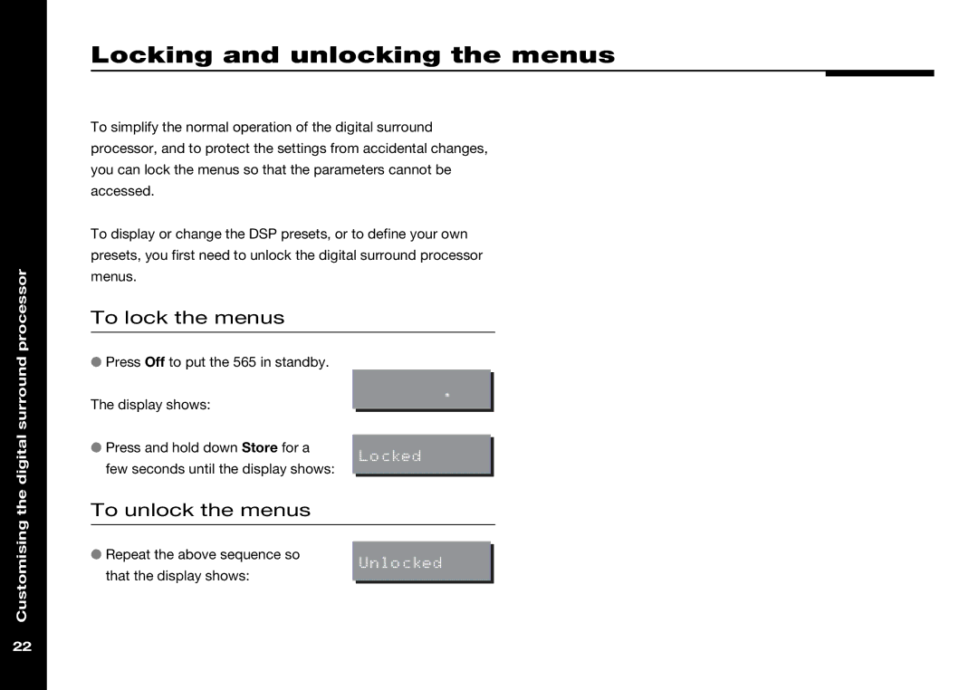 Meridian Audio 565 manual Locking and unlocking the menus, To lock the menus, To unlock the menus 