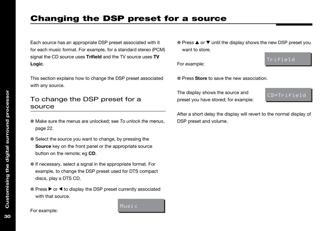 Meridian Audio 565 manual Changing the DSP preset for a source, To change the DSP preset for a source 