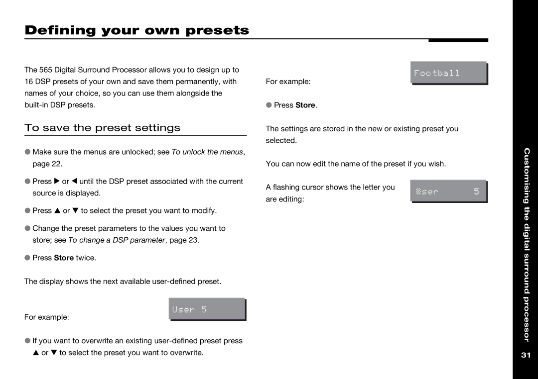 Meridian Audio 565 manual Defining your own presets, To save the preset settings 