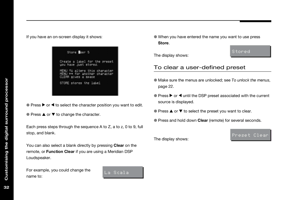 Meridian Audio 565 manual To clear a user-defined preset 