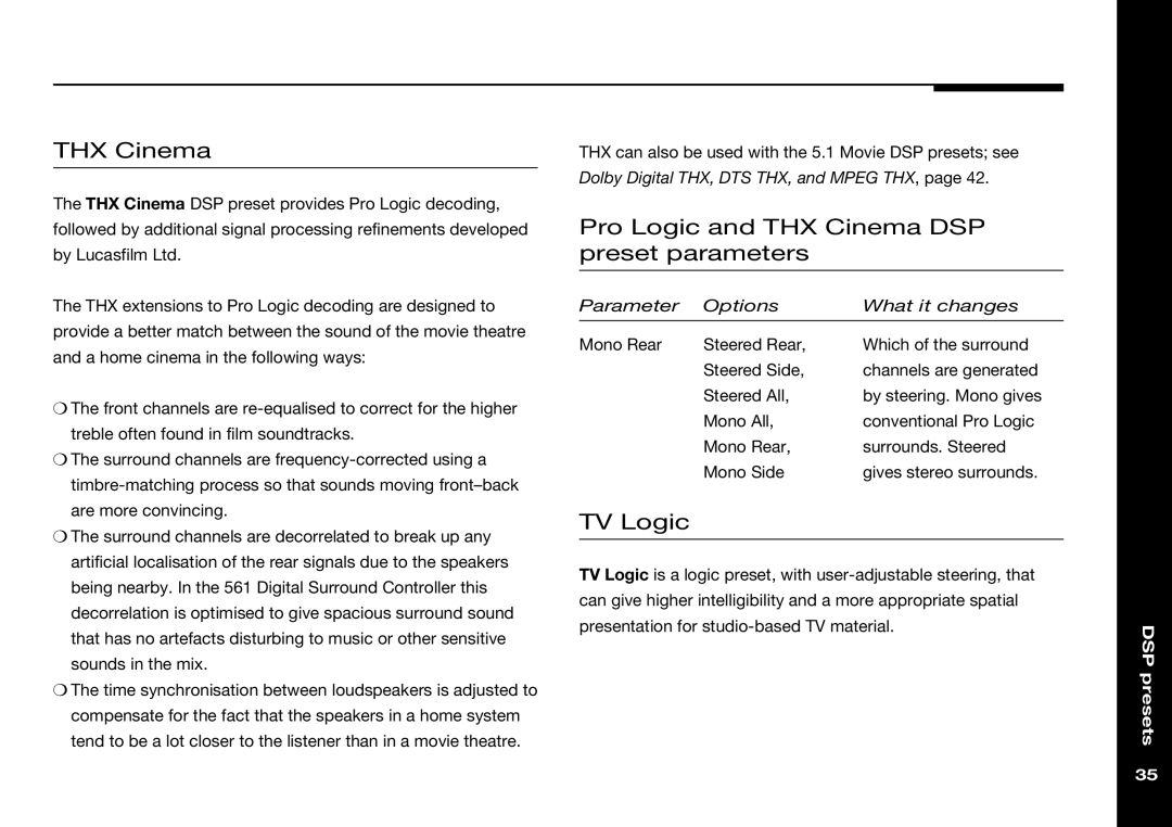 Meridian Audio 565 manual Pro Logic and THX Cinema DSP preset parameters, TV Logic 