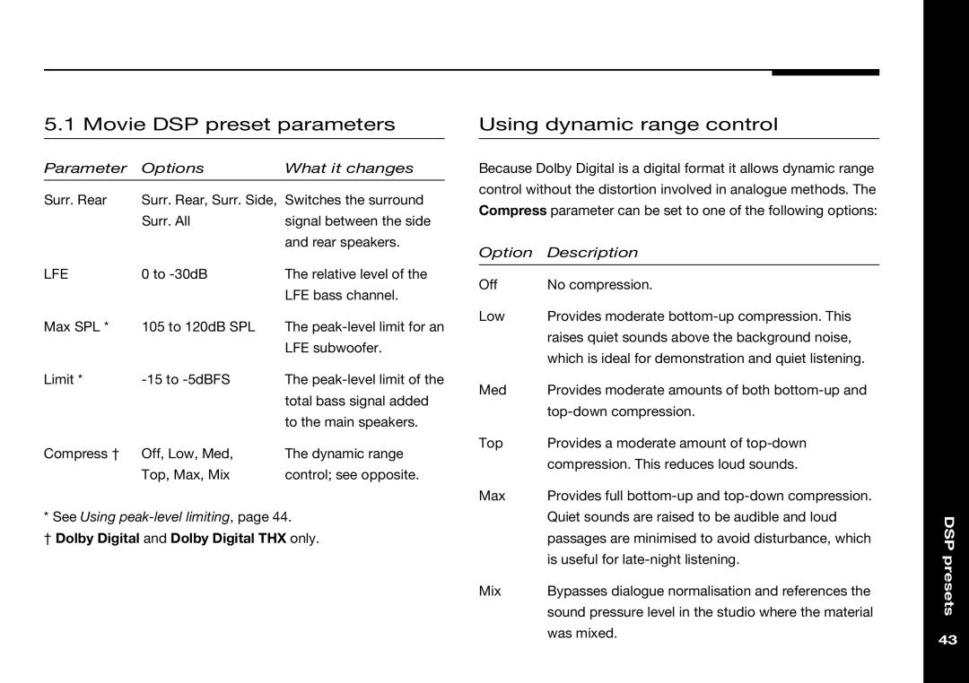 Meridian Audio 565 manual Movie DSP preset parameters, Using dynamic range control 