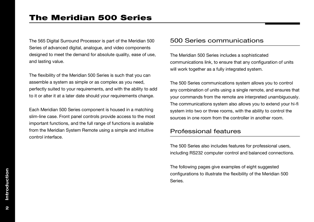 Meridian Audio 565 manual Meridian 500 Series, Series communications, Professional features 