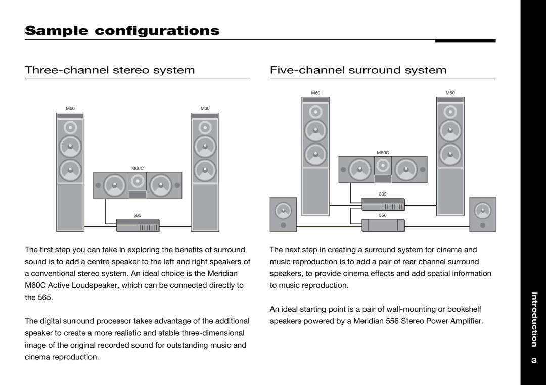 Meridian Audio 565 manual Sample configurations, Three-channel stereo system, Five-channel surround system 