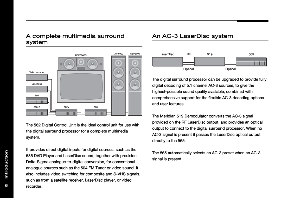 Meridian Audio 565 manual A complete multimedia surround system, An AC-3LaserDisc system, Introduction, OpticalOptical 