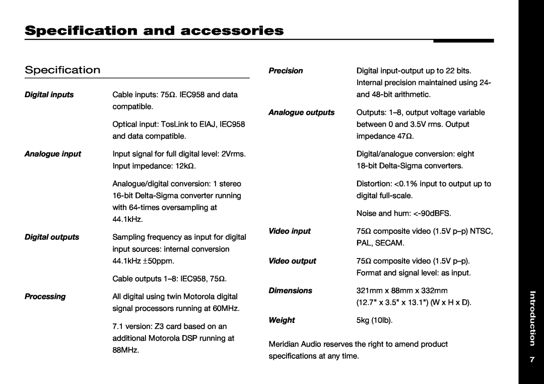 Meridian Audio 565 manual Specification and accessories, Introduction 