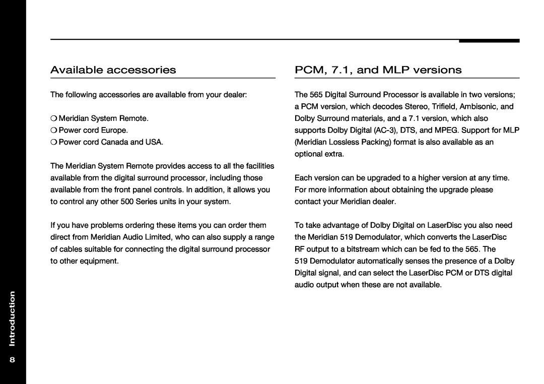 Meridian Audio 565 manual Available accessories, PCM, 7.1, and MLP versions, Introduction 
