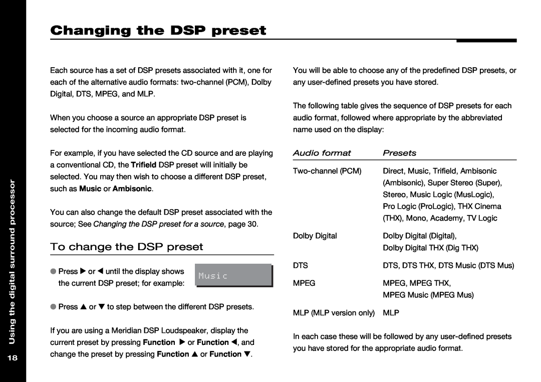 Meridian Audio 565 manual Changing the DSP preset, To change the DSP preset, Using the digital surround processor 
