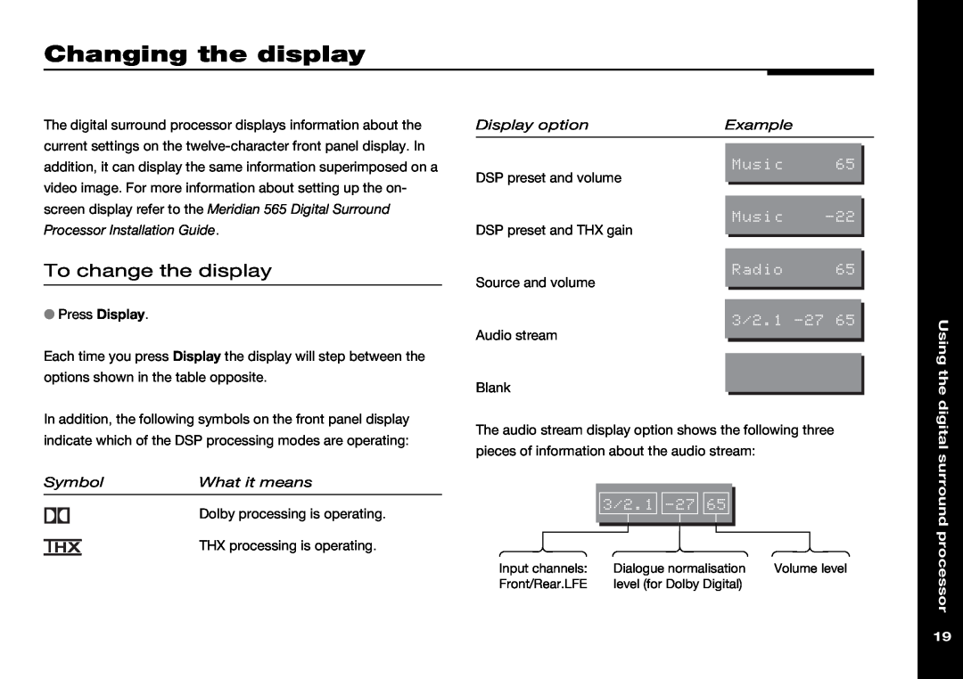 Meridian Audio 565 manual Changing the display, the digital surround processor, Music, Radio, 3/2.1 
