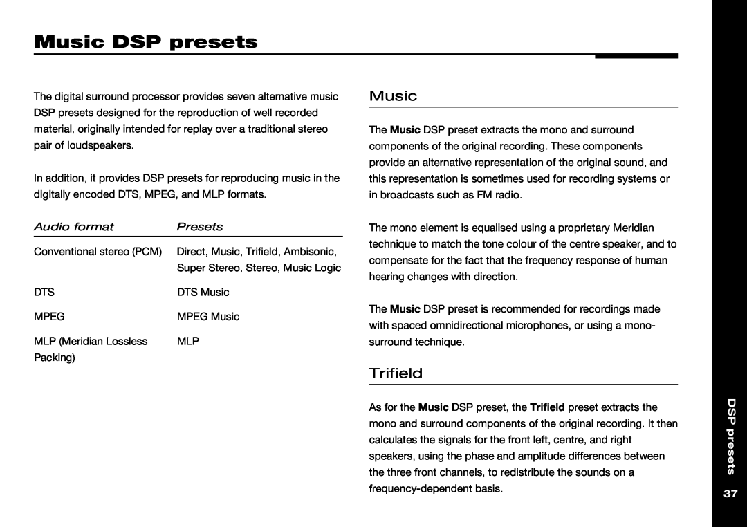 Meridian Audio 565 manual Music DSP presets, Trifield 