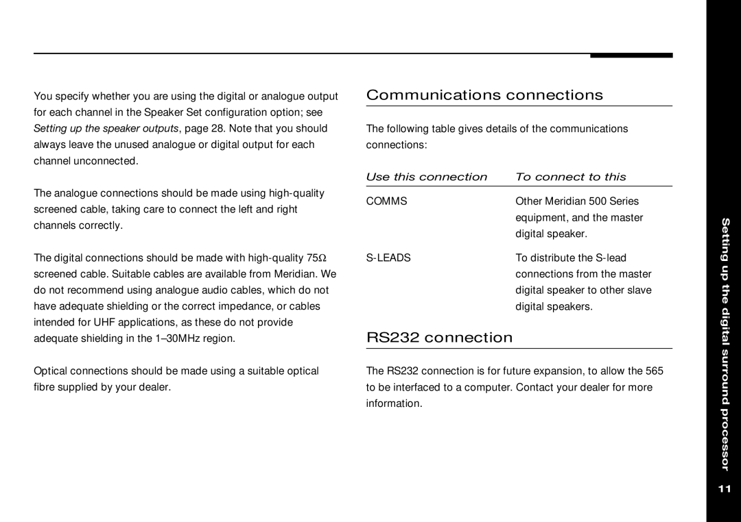 Meridian Audio 565 manual Communications connections, RS232 connection 