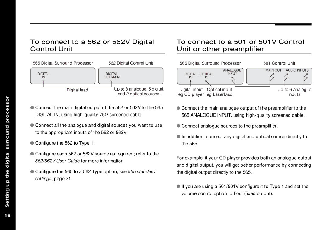 Meridian Audio 565 manual To connect to a 562 or 562V Digital Control Unit, Setting up the digital surround processor 