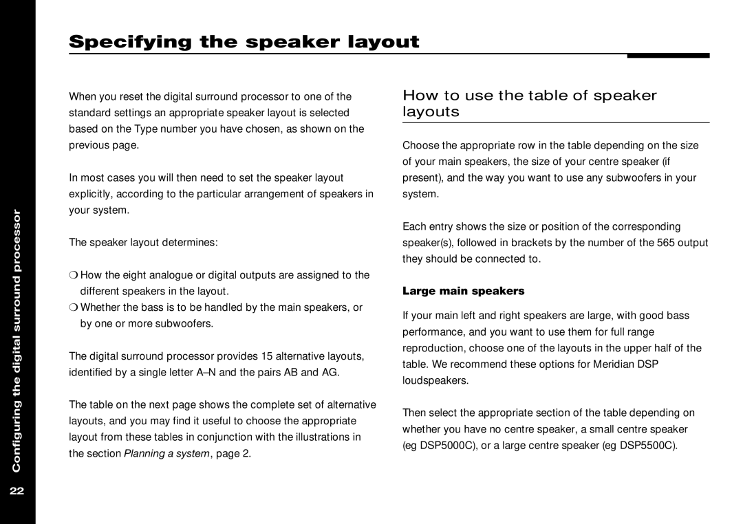 Meridian Audio 565 manual Specifying the speaker layout, How to use the table of speaker layouts 