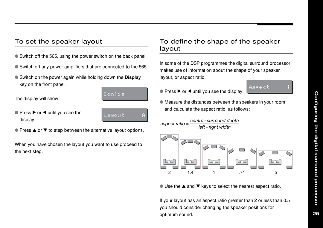 Meridian Audio 565 manual To set the speaker layout, To define the shape of the speaker layout, Digital surround 