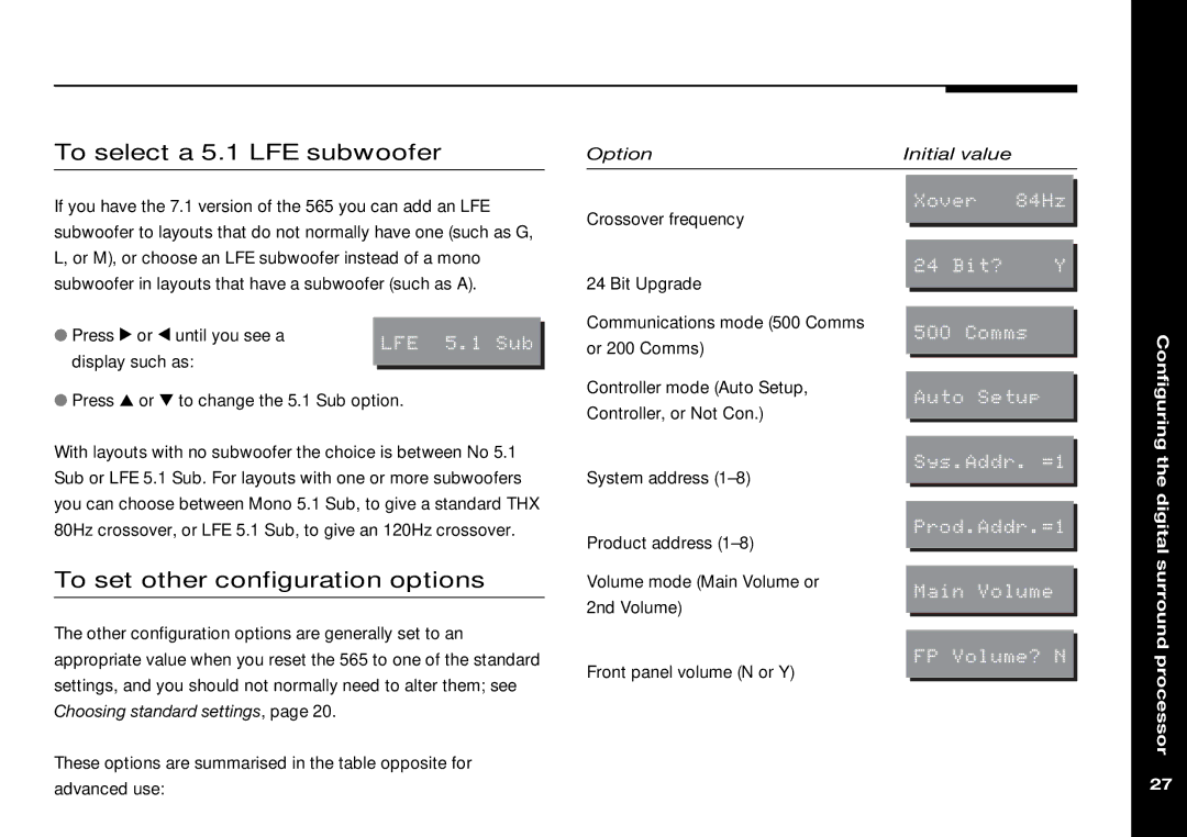 Meridian Audio 565 manual To select a 5.1 LFE subwoofer, To set other configuration options 