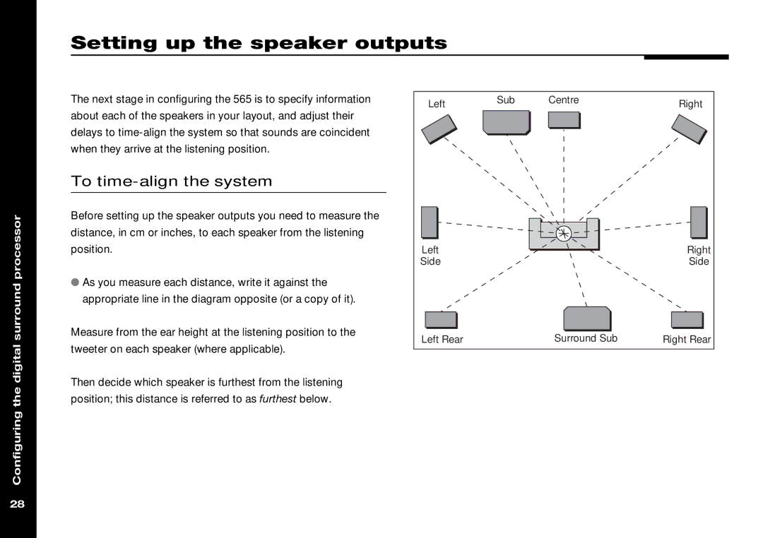 Meridian Audio 565 manual Setting up the speaker outputs, To time-align the system 