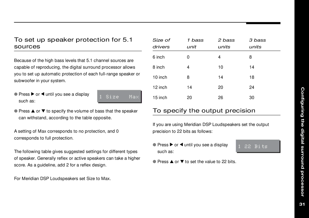 Meridian Audio 565 manual To set up speaker protection for 5.1 sources, To specify the output precision 