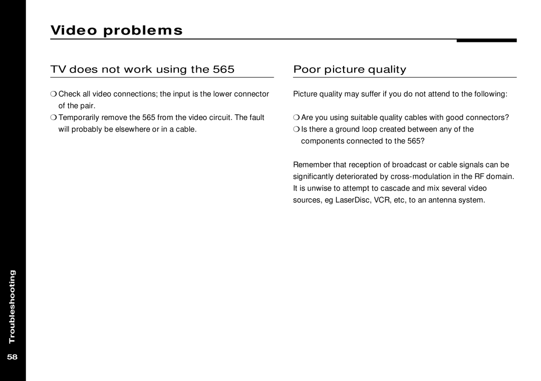 Meridian Audio 565 manual Video problems, TV does not work using Poor picture quality 