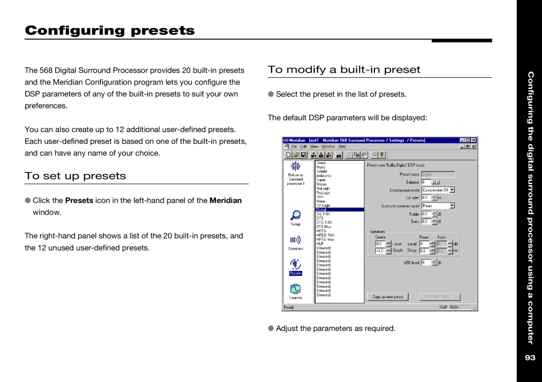 Meridian Audio 568 manual Configuring presets, To modify a built-in preset, To set up presets 