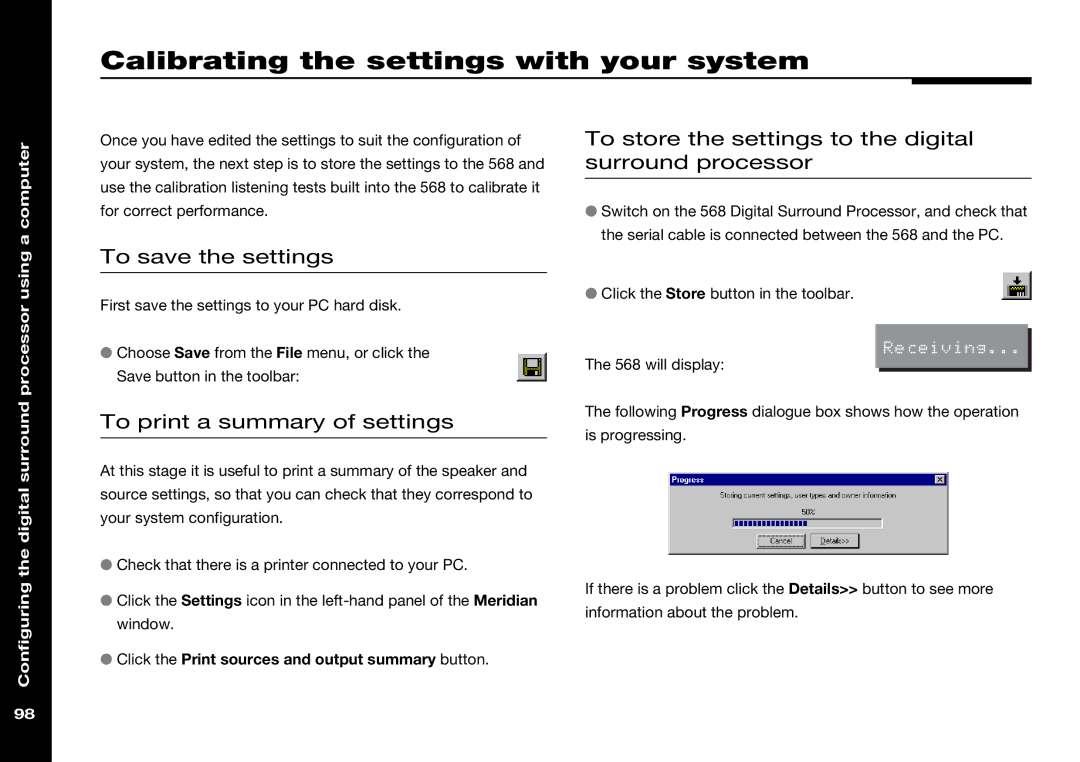 Meridian Audio 568 Calibrating the settings with your system, To store the settings to the digital surround processor 