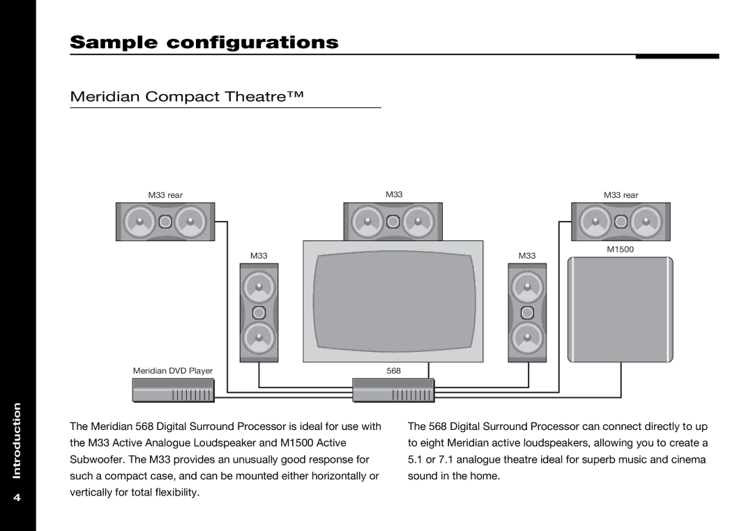 Meridian Audio 568 manual Sample configurations, Meridian Compact Theatre 