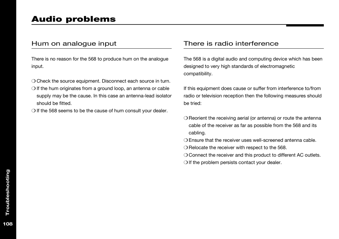 Meridian Audio 568 manual Audio problems, Hum on analogue input, There is radio interference 