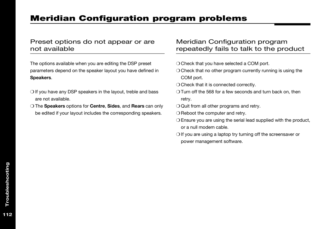 Meridian Audio 568 manual Meridian Configuration program problems, Preset options do not appear or are not available 