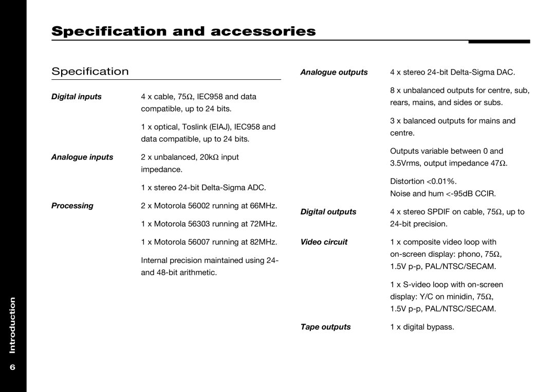 Meridian Audio 568 manual Specification and accessories 