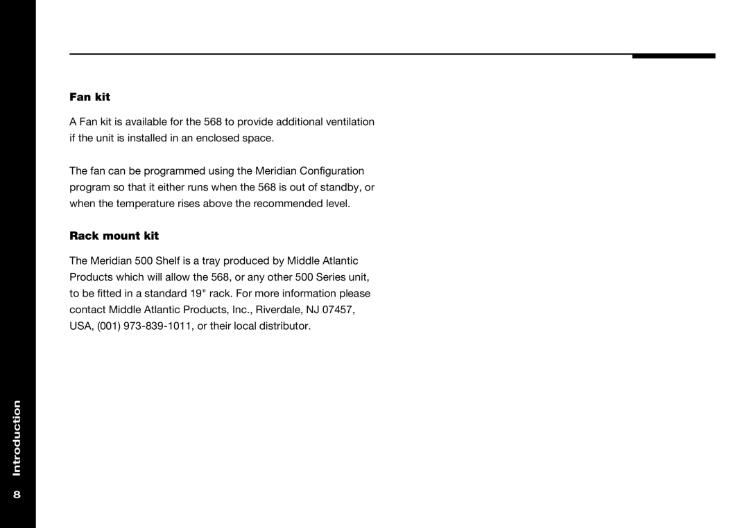 Meridian Audio 568 manual Fan kit, Rack mount kit 
