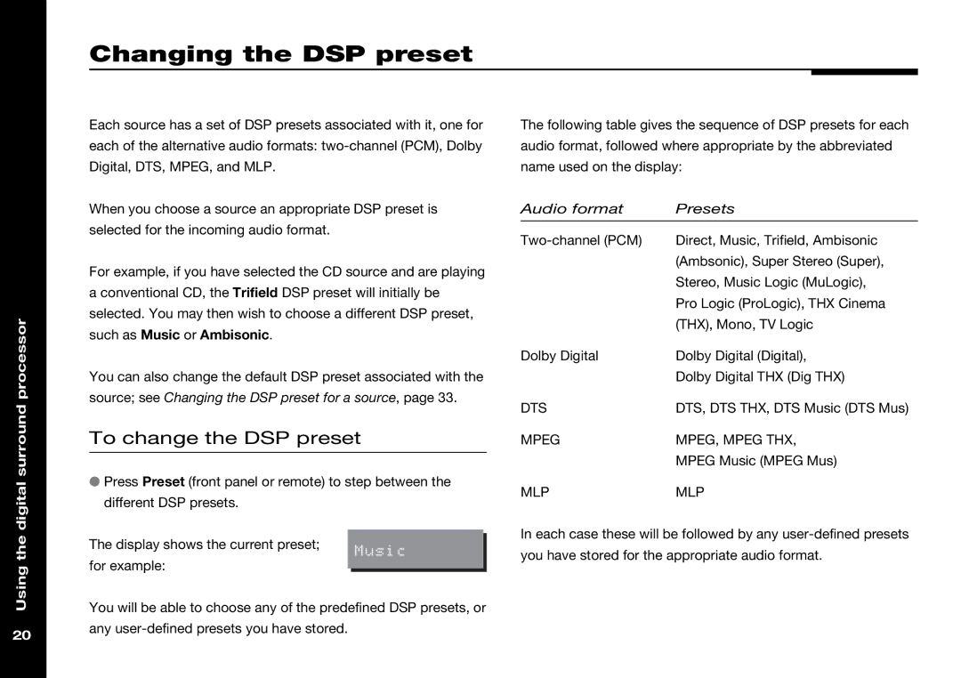 Meridian Audio 568 manual Changing the DSP preset, To change the DSP preset 