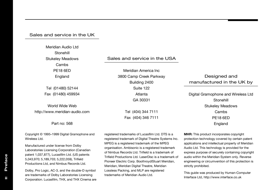 Meridian Audio 568 manual Sales and service in the USA 