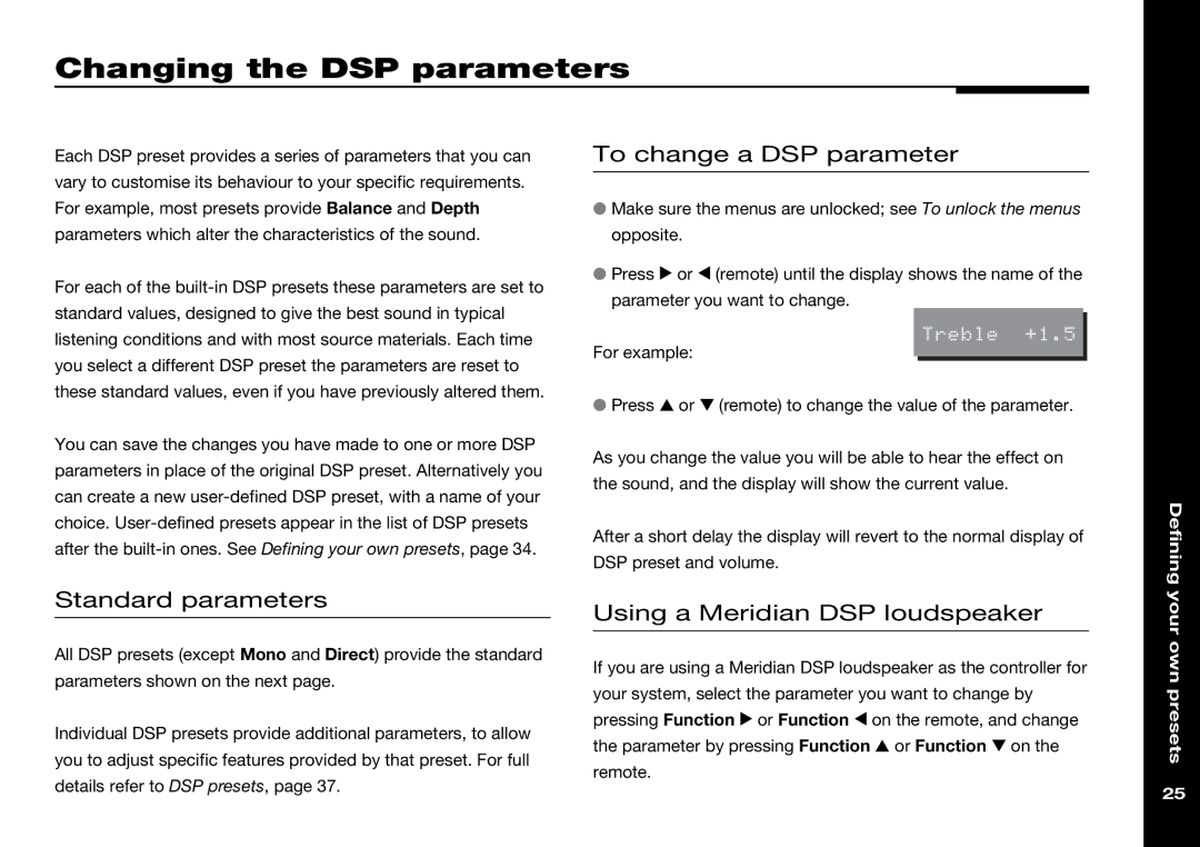 Meridian Audio 568 manual Changing the DSP parameters, To change a DSP parameter, Standard parameters 