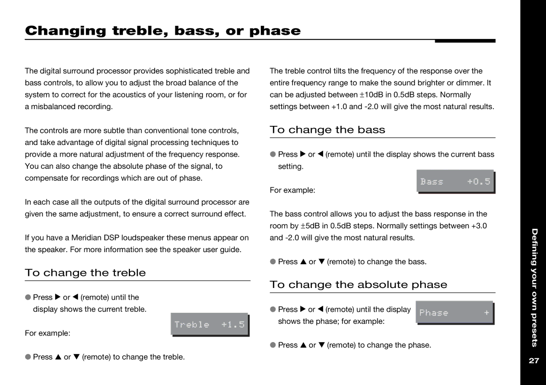 Meridian Audio 568 Changing treble, bass, or phase, To change the bass, To change the treble, To change the absolute phase 