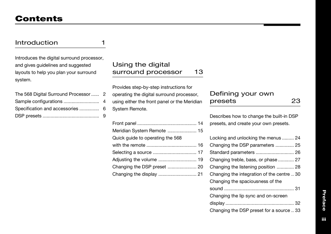 Meridian Audio 568 manual Contents 