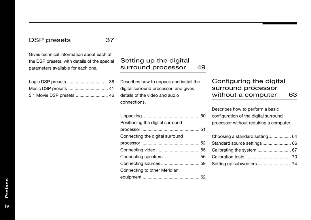 Meridian Audio 568 manual DSP presets, Setting up the digital surround processor 