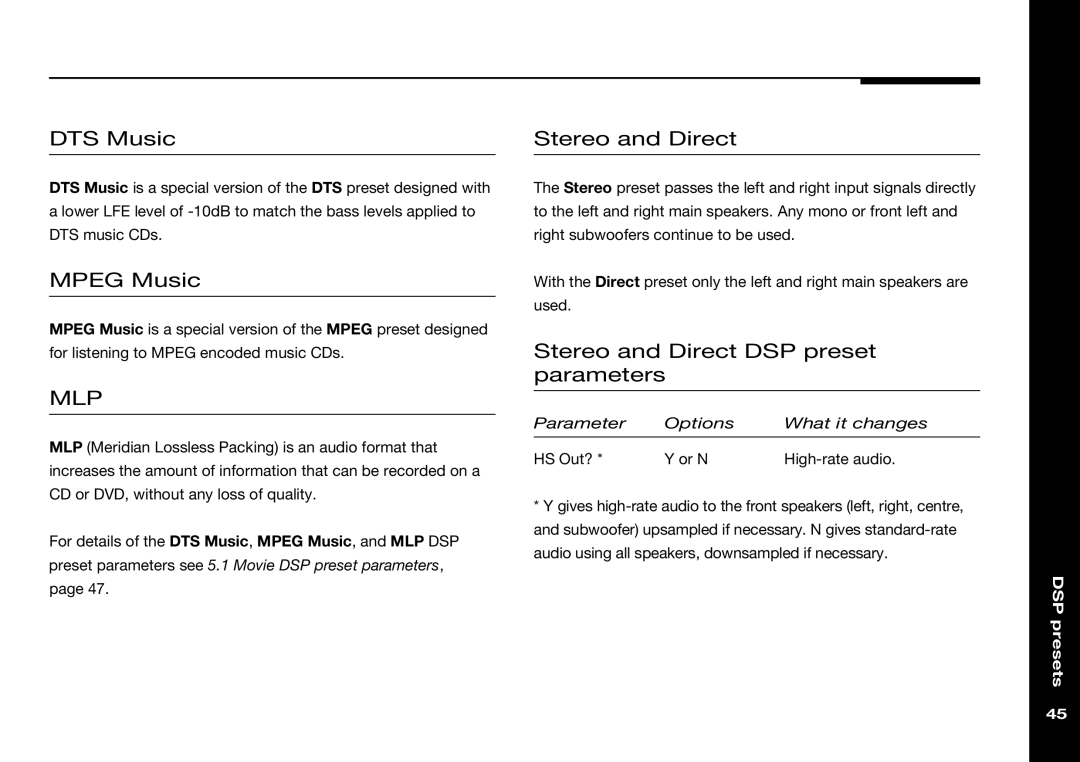 Meridian Audio 568 manual DTS Music, Mpeg Music, Stereo and Direct DSP preset parameters 