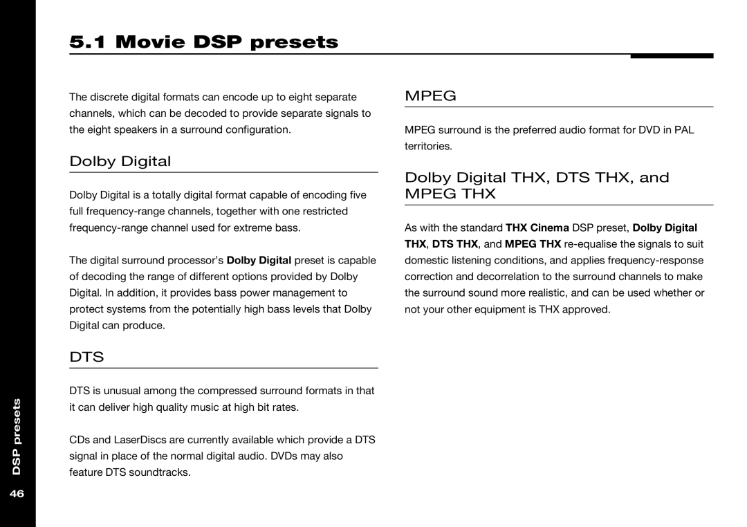 Meridian Audio 568 manual Movie DSP presets, Dolby Digital THX, DTS THX 