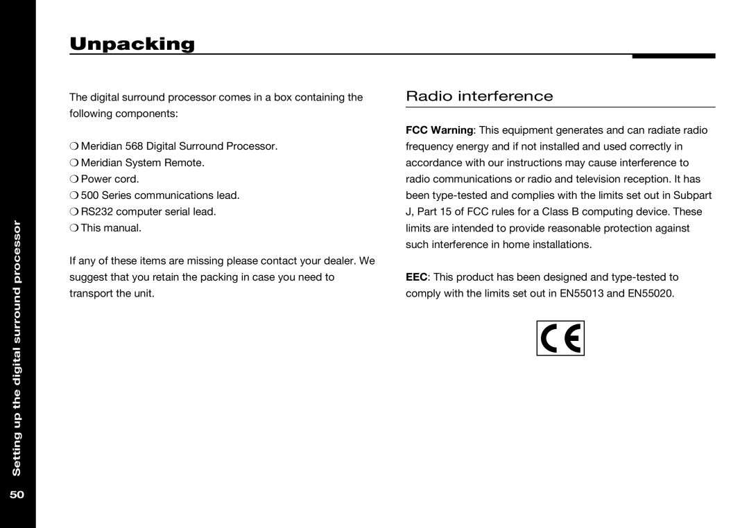 Meridian Audio 568 manual Unpacking, Radio interference 