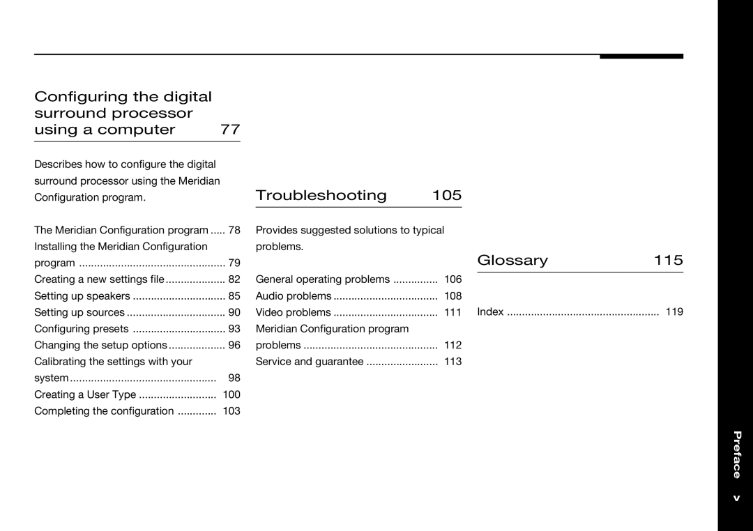 Meridian Audio 568 manual Configuring the digital Surround processor Using a computer, Troubleshooting 105, Glossary115 